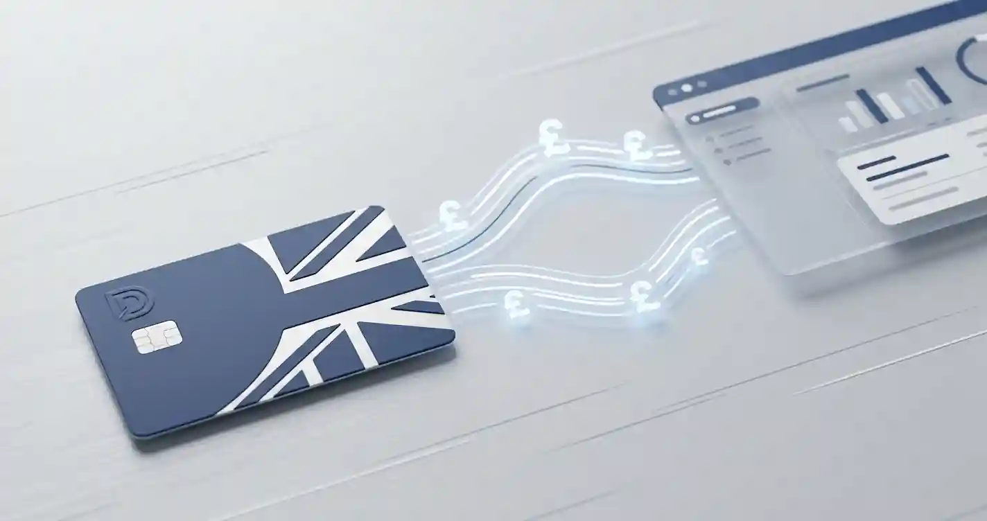 Illustration of a UK debit card, pound symbols and a simple deposit-to-withdrawal banking flow