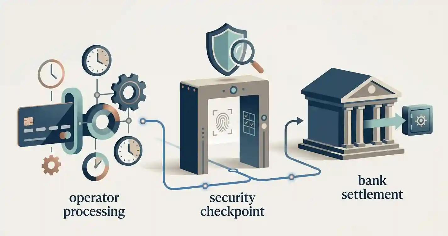 Illustration of a debit-card withdrawal moving through processing, security check and bank settlement stages