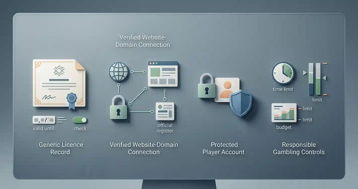 Illustration of a UK gambling licence check, protected account and player-safety controls