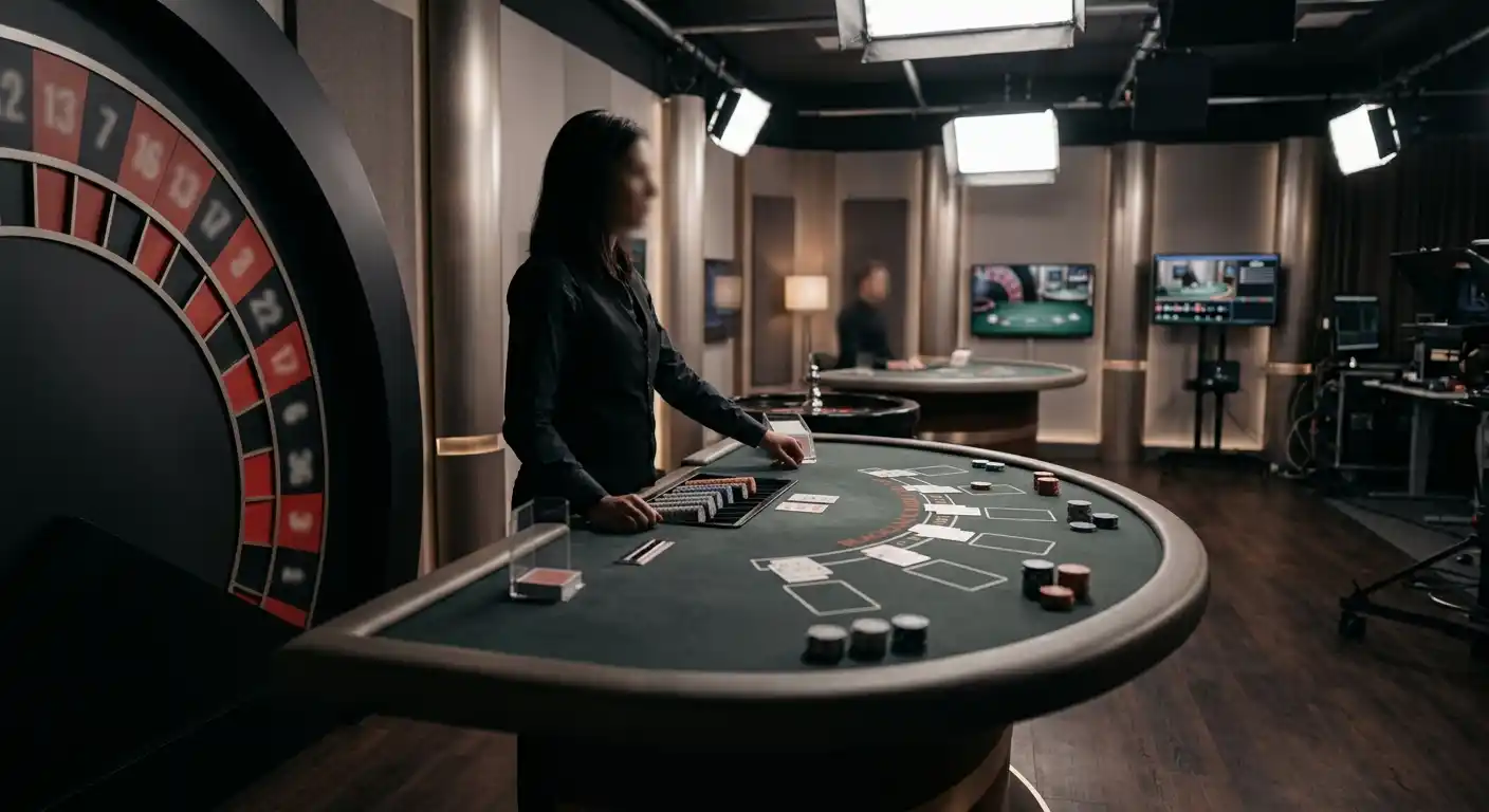 Illustration of a live dealer casino table atmosphere with abstract roulette and card-game elements