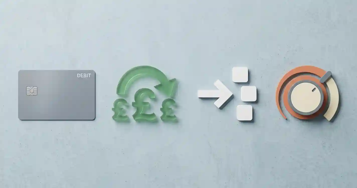 Illustration showing a personal UK debit card, a transaction threshold and separate account-limit controls