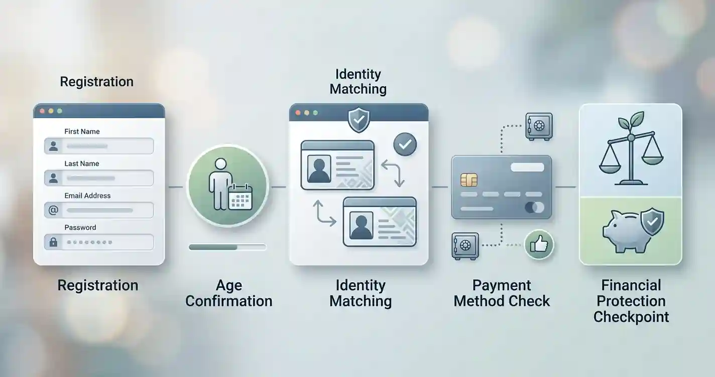 Illustration of account registration, age confirmation, identity matching and a separate financial-protection check
