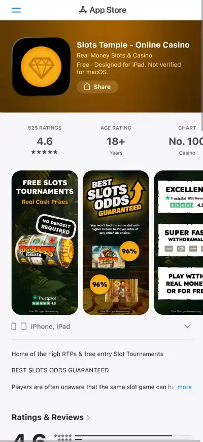 Official UK App Store listing for Slots Temple showing the app name and Digital Division Ltd developer identity